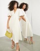 Asos Edition Pleat Waist Midi Dress With Blouson Sleeve In Cream-white