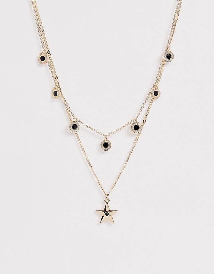 Asos Design Multirow Necklace With Stone Disc Charms And Star Pendant In Gold Tone