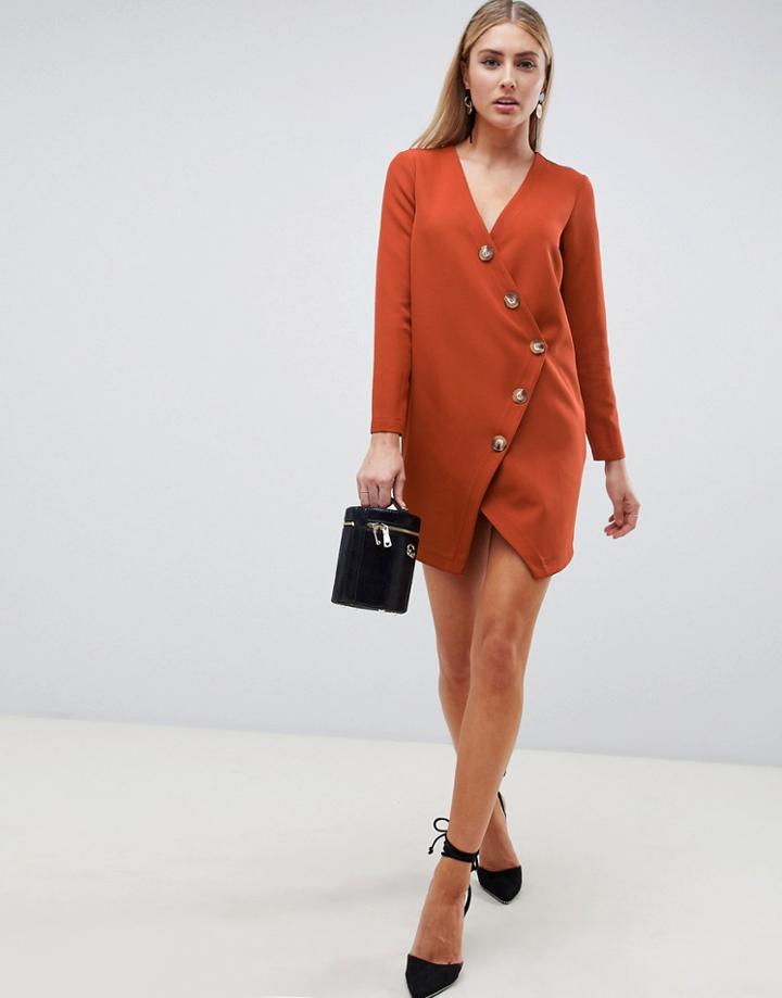 Asos Design Asymmetric Button Through Shift Mini Dress With Long Sleeves-red