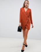 Asos Design Asymmetric Button Through Shift Mini Dress With Long Sleeves-red