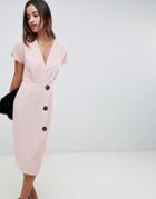 Asos Design Wrap Midi Dress With Side Buttons - Pink