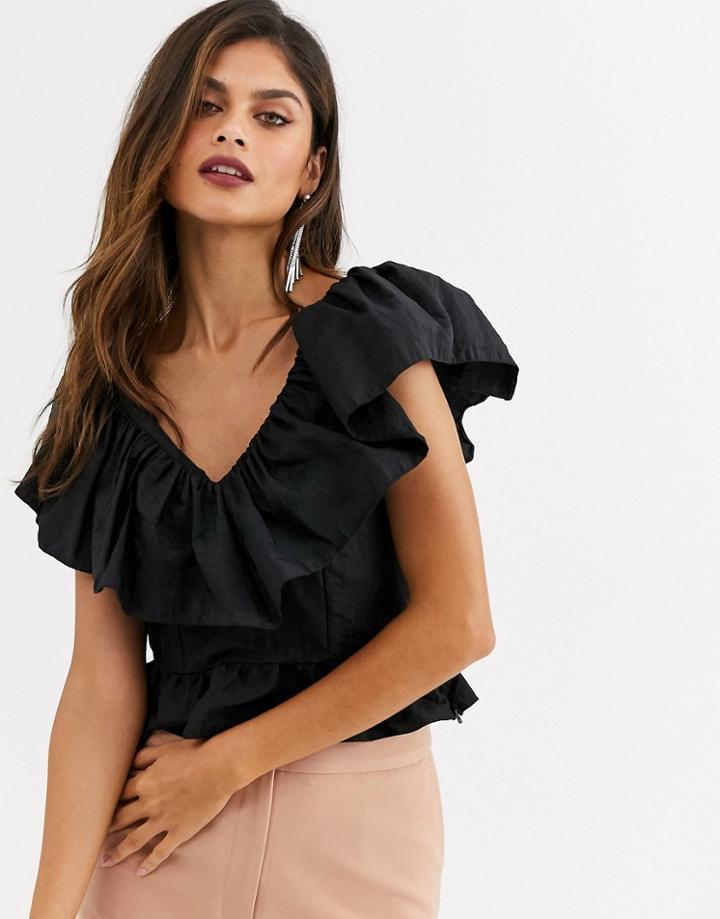 Asos Design Plunge Top With Ruffle Detail In Taffeta-black