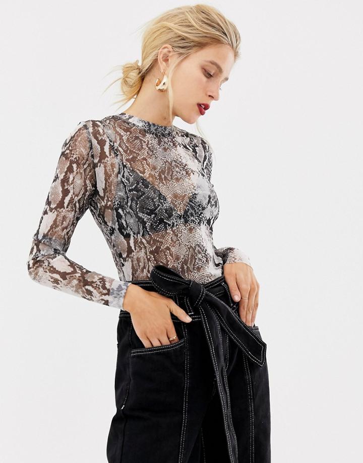 Stradivarius Snake Print Mesh Top Long Sleeved - Multi
