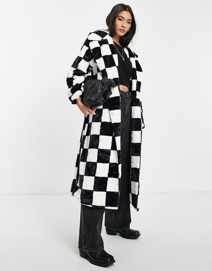 Annorlunda Belted Maxi Coat In Checkerboard Faux Fur-multi