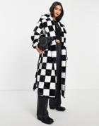 Annorlunda Belted Maxi Coat In Checkerboard Faux Fur-multi