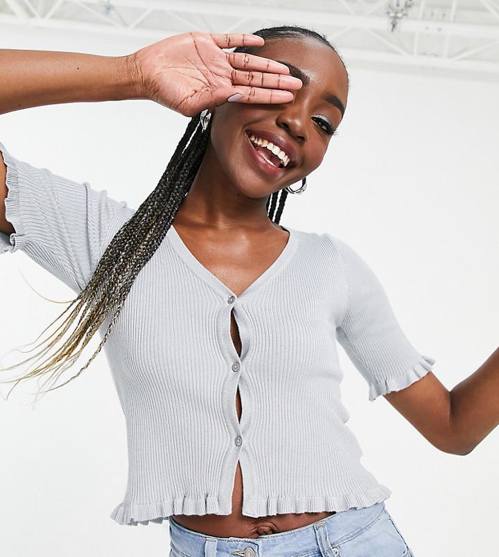 Threadbare Tall Laila Ribbed Short Sleeve Fitted Cardigan With Ruffle Details In Gray Heather-grey