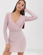 The Girlcode Long Sleeve Drape Glitter Mini Dress In Blush - Pink