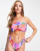 Asos Design Fuller Bust Mesh Bandeau Bikini Top In Abstract Floral Print-multi