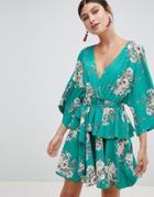Prettylittlething Kimono Sleeve Mini Dress - Green