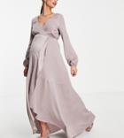 Little Mistress Maternity Wrap Tie Satin Midaxi Dress In Oyster Gray-grey