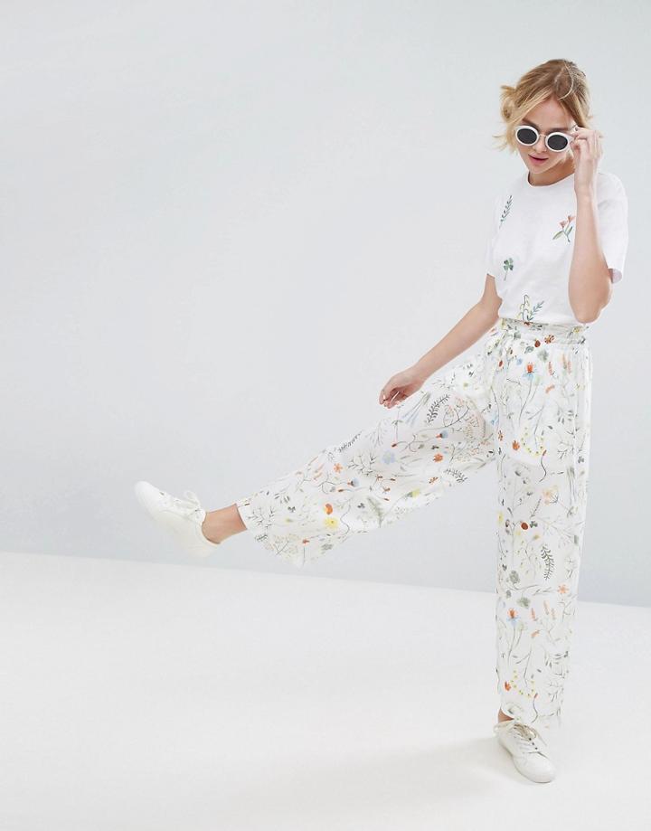 Monki Floral Wide Leg Pants - White