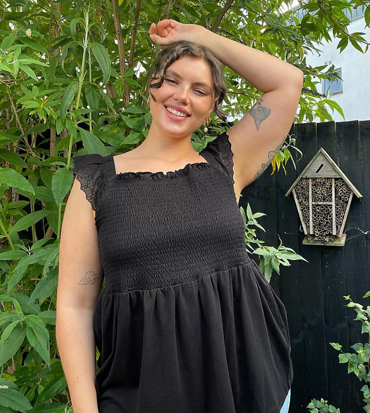 Simply Be Shirred Peplum Top In Black