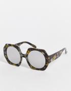 South Beach 70s Hexagonal Sunglasses With Mirrored Lenses In Tortoiseshell-gray