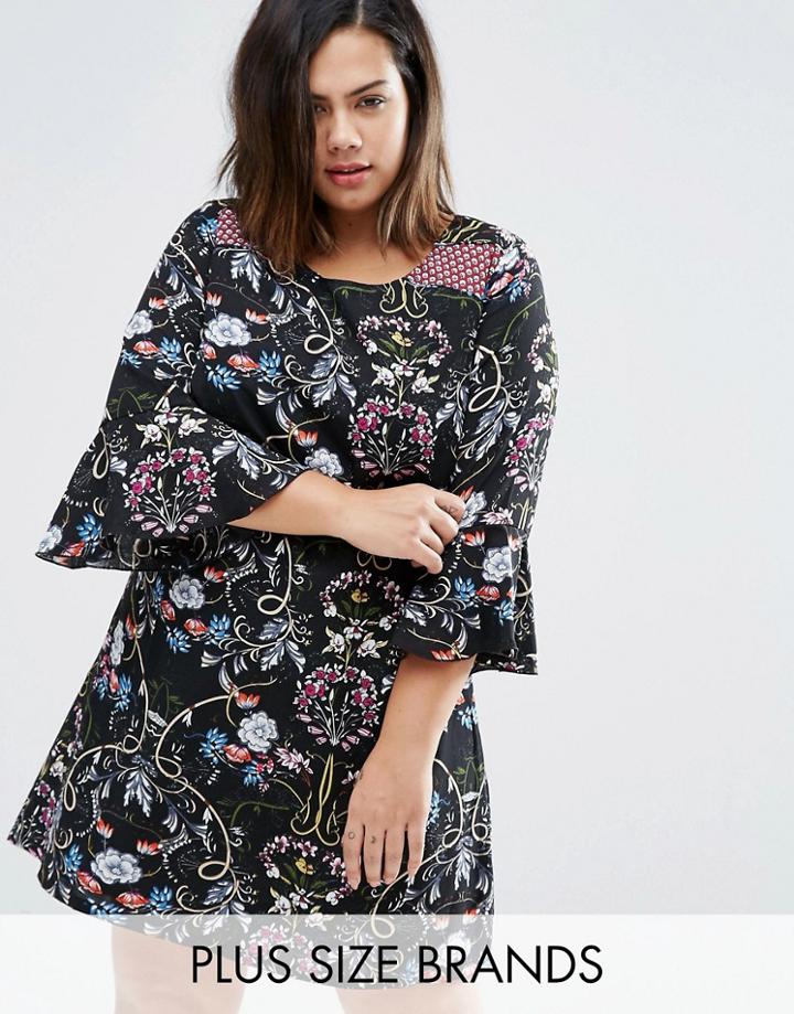 Yumi Plus Shift Dress With Frill Sleeves In Patchwork Print - Black