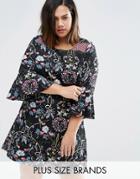 Yumi Plus Shift Dress With Frill Sleeves In Patchwork Print - Black