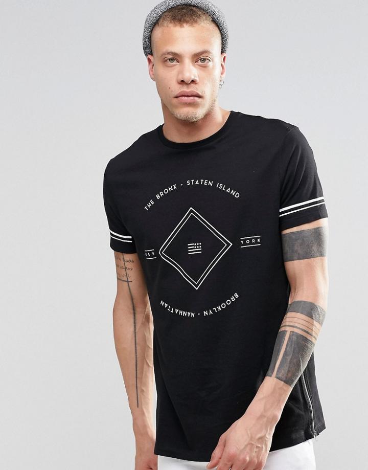 Asos Longline T-shirt With Bronx Statten Island Front Print And Side Splits - Black