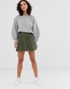 Asos Design Button Front Mini Skirt With Pockets - Green
