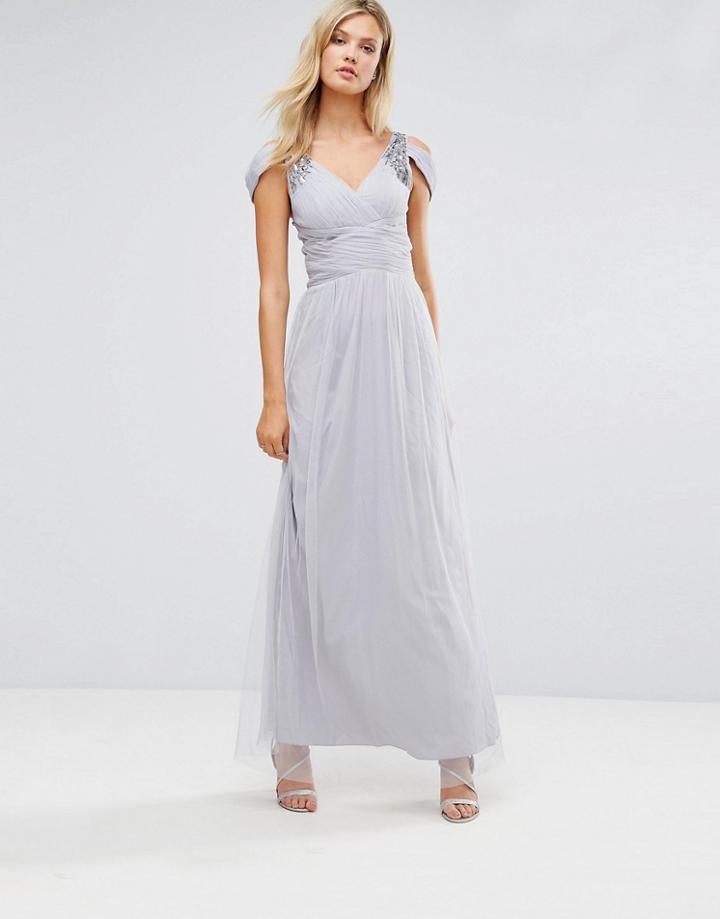 Little Mistress Tall Off Shoulder Maxi Dress With Embellished Detail - Gray