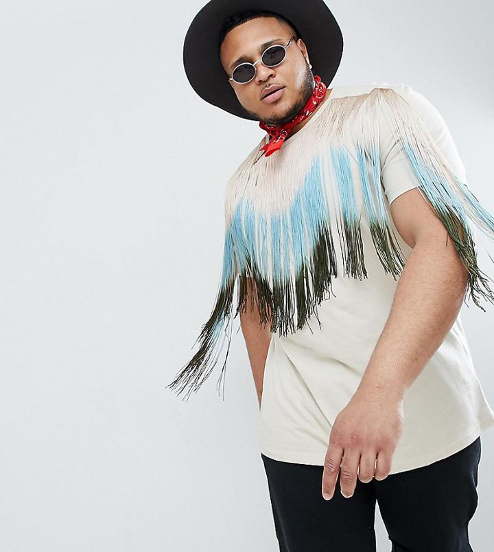 Asos Design Plus Relaxed Longline T-shirt With Ombre Fringe Front - Beige