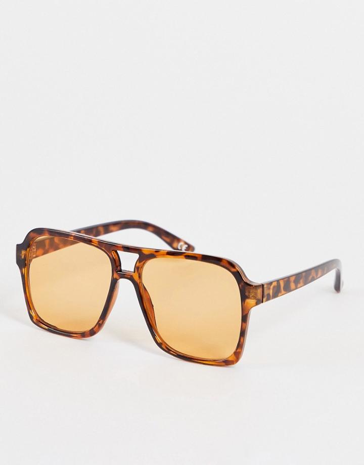 Asos Design 70's Aviator Sunglasses In Tortoiseshell With Amber Lens-brown