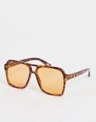 Asos Design 70's Aviator Sunglasses In Tortoiseshell With Amber Lens-brown