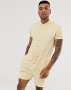 Asos Design Jersey Short Jumpsuit With Roll Sleeves In Light Yellow - Yellow