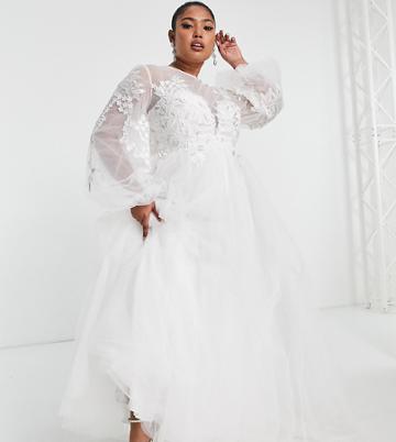 Asos Edition Curve Luna Embroidered Wedding Dress With Blouson Sleeve And Mesh Skirt-white