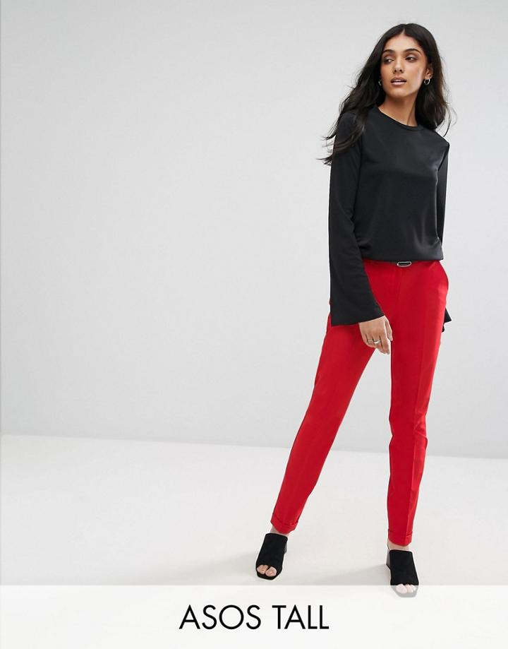 Asos Tall The Slim Tailored Cigarette Pants With Belt Red - Red