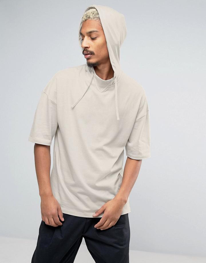 Asos Oversized Longline T-shirt In Beige With Half Sleeve And Hood - B