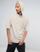 Asos Oversized Longline T-shirt In Beige With Half Sleeve And Hood - B