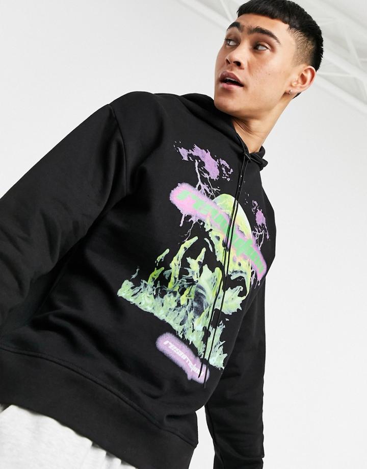Night Addict Oversized Logo Hoodie With Blue Lightning Snake Print In Black