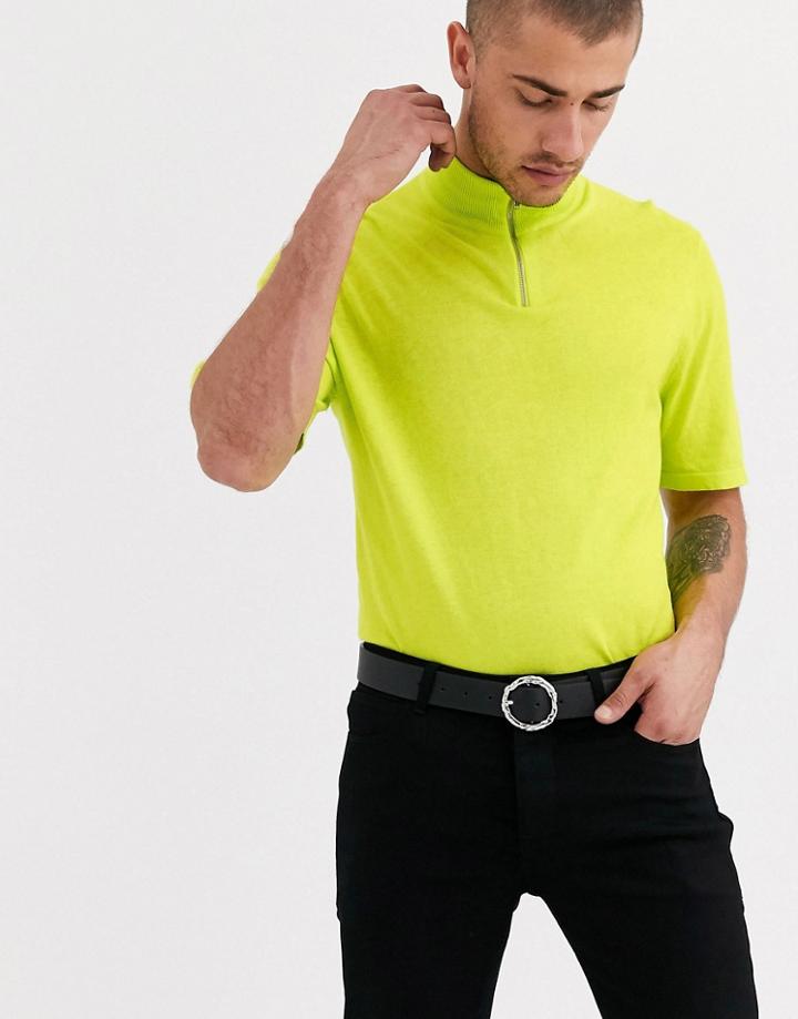 Asos Design Knitted Half Zip T-shirt In Neon Green