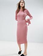 Asos Knitted Rib Dress With Knotted Cuff - Pink
