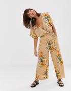 & Other Stories Wrap Jumpsuit In Tropical Flower Print - Beige