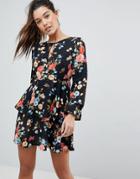 Prettylittlething Floral Skater Dress - Black