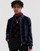 Asos Edition Bomber Jacket In Navy Check Velour With Ring Pull - Navy