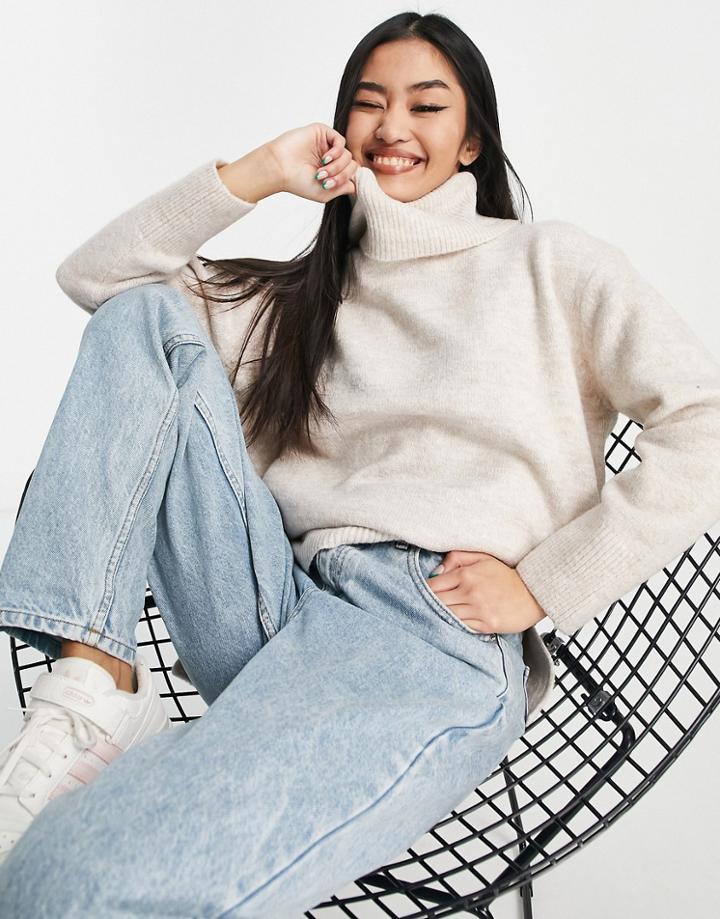 New Look Deep Hem Turtle Neck Sweater In Oatmeal-pink