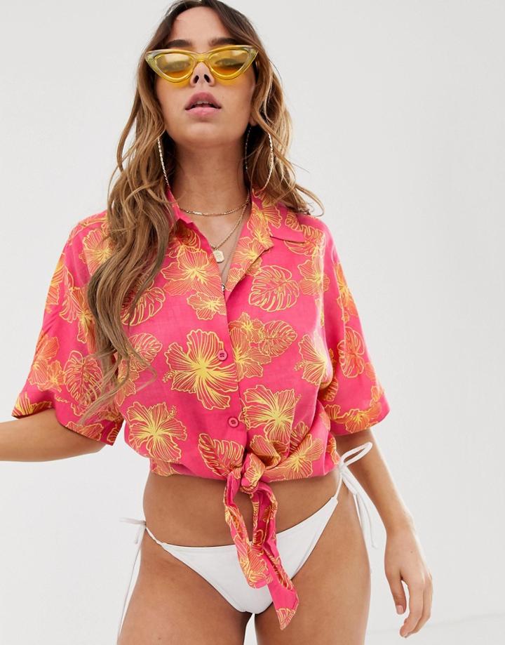 Asos Design Sketchy Floral Hawaiian Print Tie Front Beach Shirt - Multi