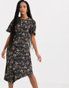 Miss Selfridge Midi Dress With Asymmetric Hem In Floral Print-black