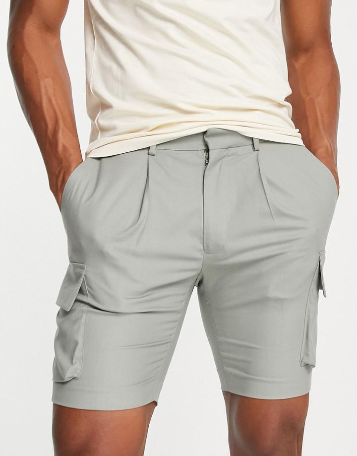 Asos Design Skinny Smart Shorts With Cargo Pockets In Khaki-green