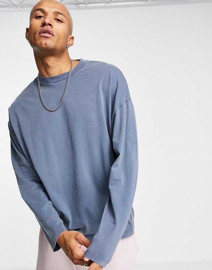 Asos Design Oversized Long Sleeve T-shirt In Navy Cotton Blend Acid Wash - Navy