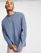 Asos Design Oversized Long Sleeve T-shirt In Navy Cotton Blend Acid Wash - Navy