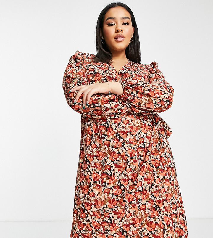 Vila Curve Wrap Midi Dress In Orange Floral-multi