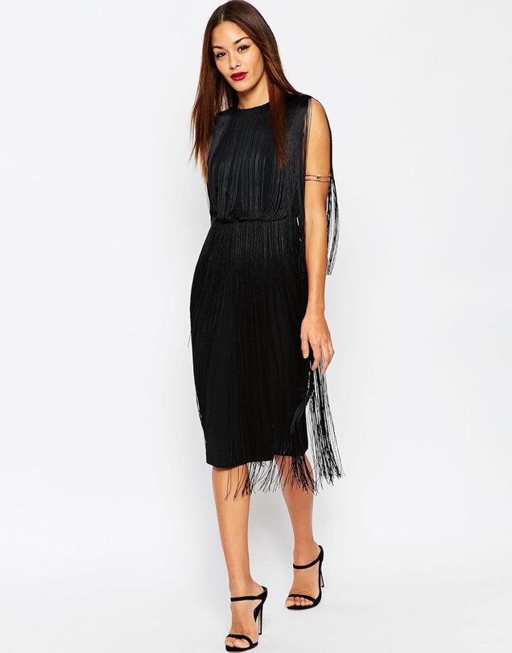 Asos Layered Fringe Midi Dress - Black
