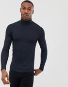 River Island Muscle Fit Top With Roll Neck In Navy