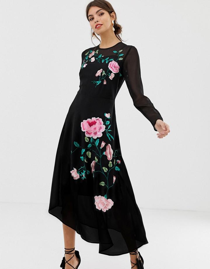 Asos Design Midi Dress With Floral Embroidery And Long Sleeves - Black