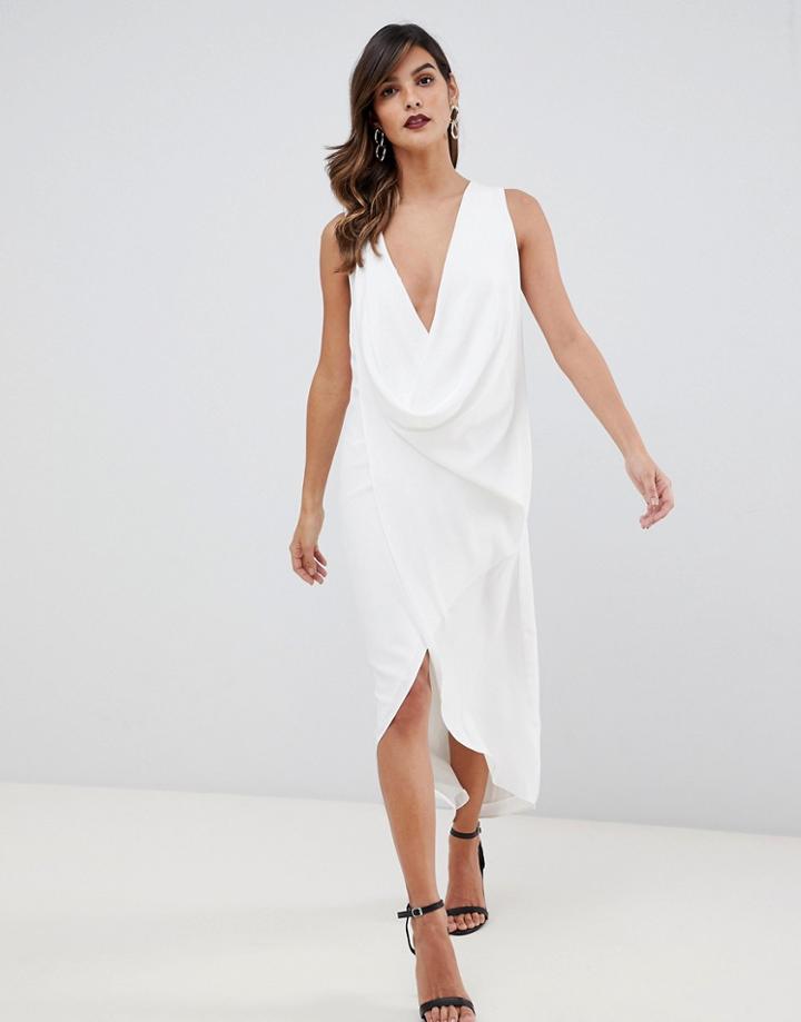 Asos Design Sleeveless Drape Fold Neck Midi Dress In Crepe-cream