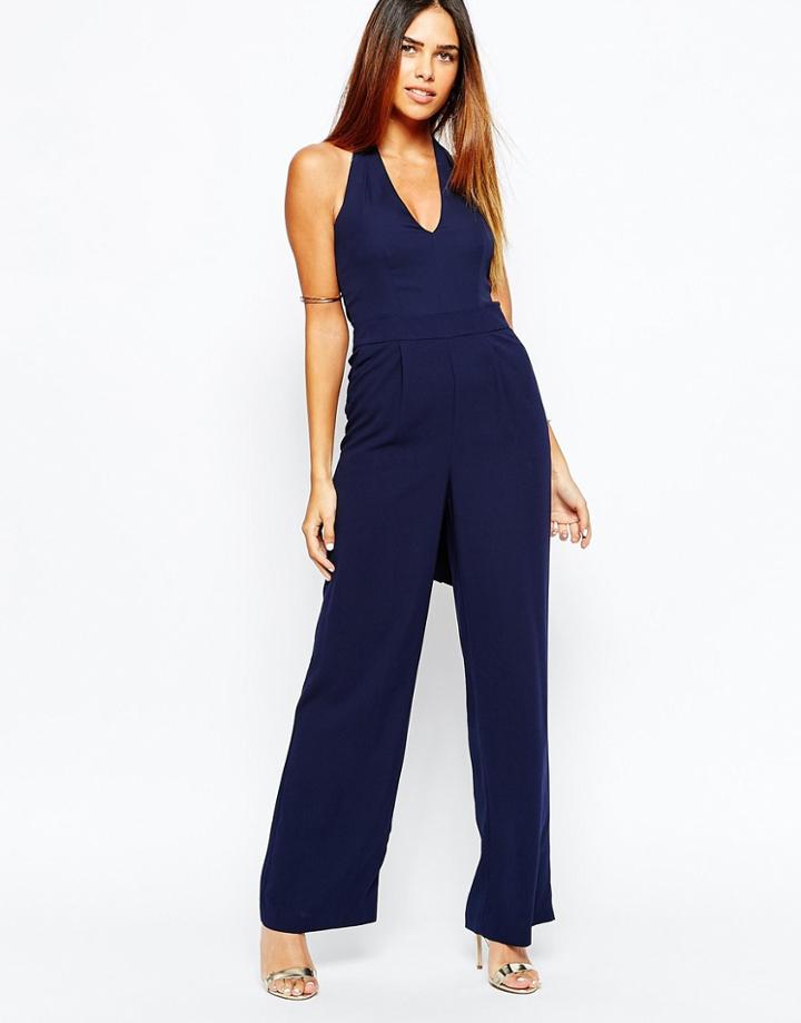 Warehouse Plunge Neck Halter Jumpsuit - Navy
