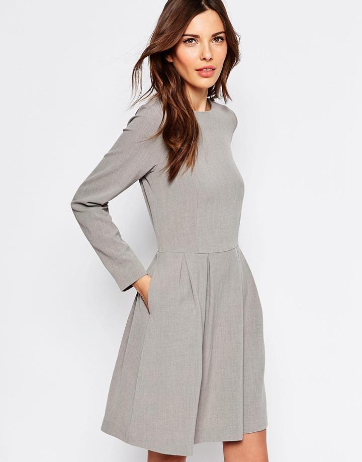 Selected Trina Long Sleeve Dress With Pleat Skirt - Light Gray
