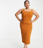 Asos Design Curve Mesh Square Neck Rib Midi Dress In Rust-orange